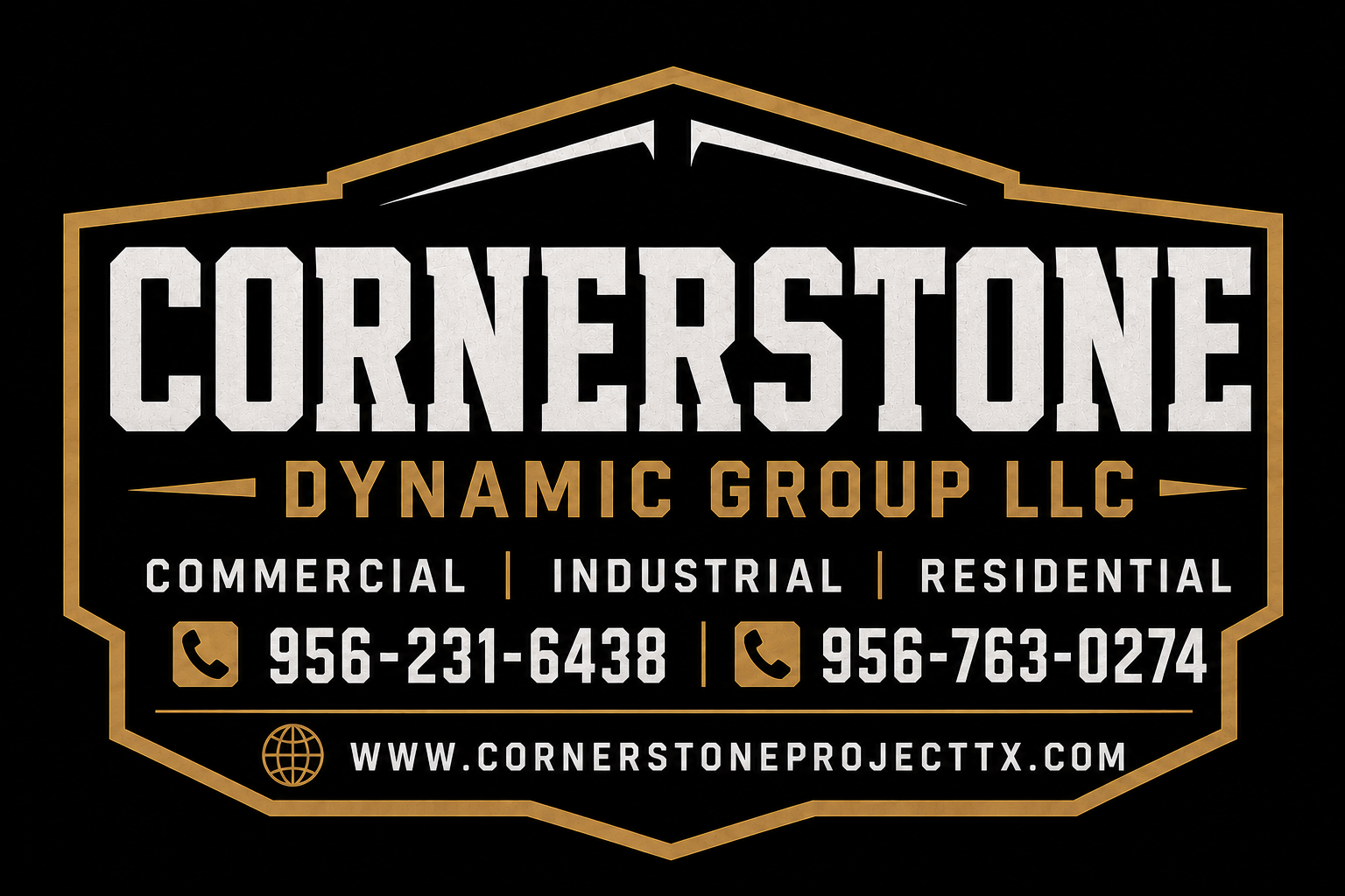Business card for Cornerstone Dynamic Group LLC, offering commercial, industrial, and residential services with phone numbers, website, and icons for phone and globe.