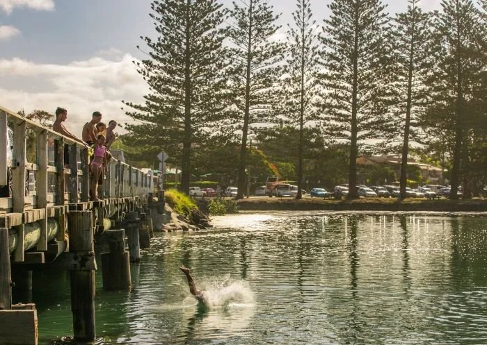 People standing on a pier watching someone diving into a body of water, with trees and parked cars in the background.