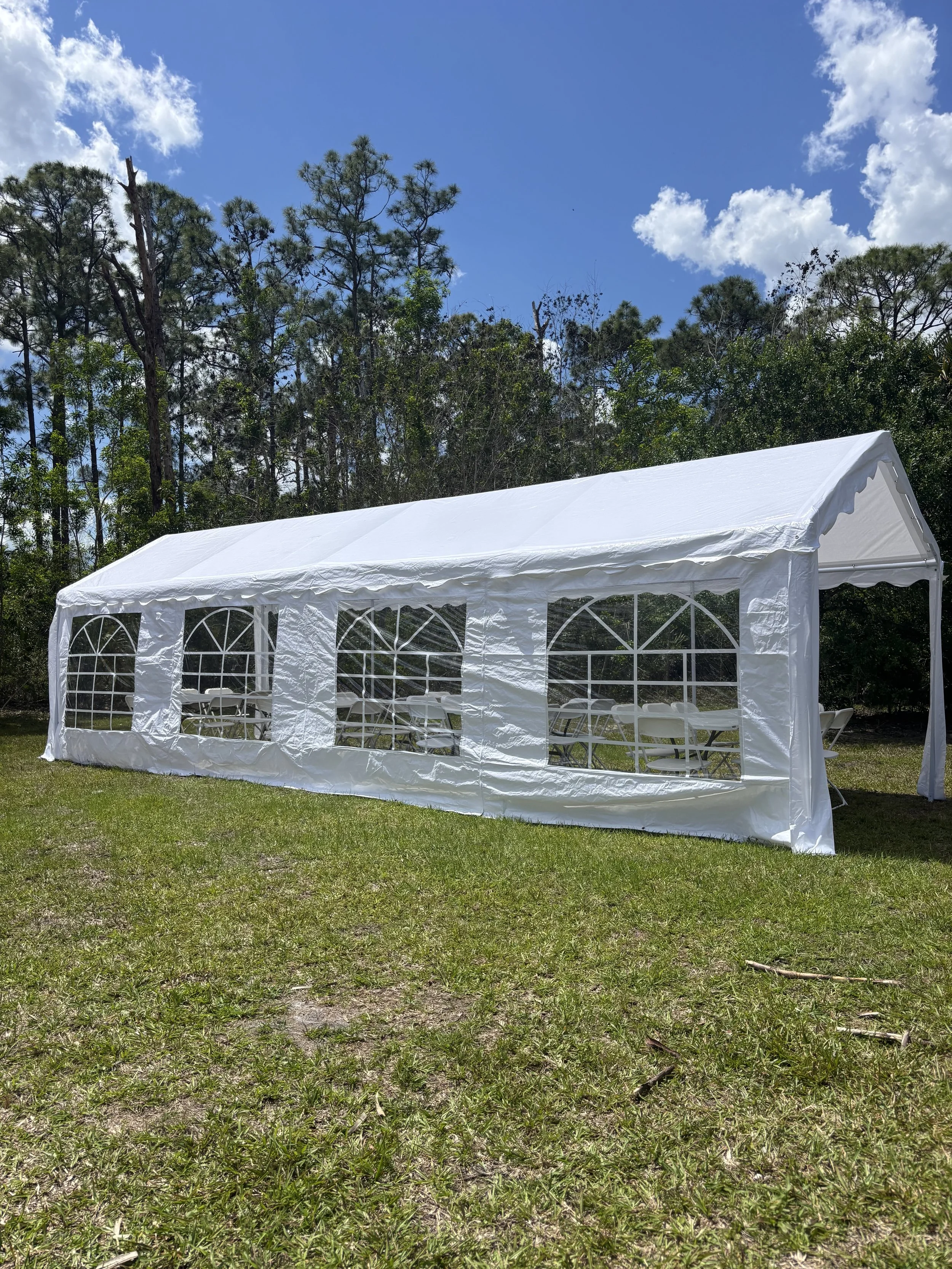 10x30 frame tent sidewall rental with chapel windows — $40 per panel, attaches to 10x30 frame tent, Saltwater Event Co. Treasure Coast FL