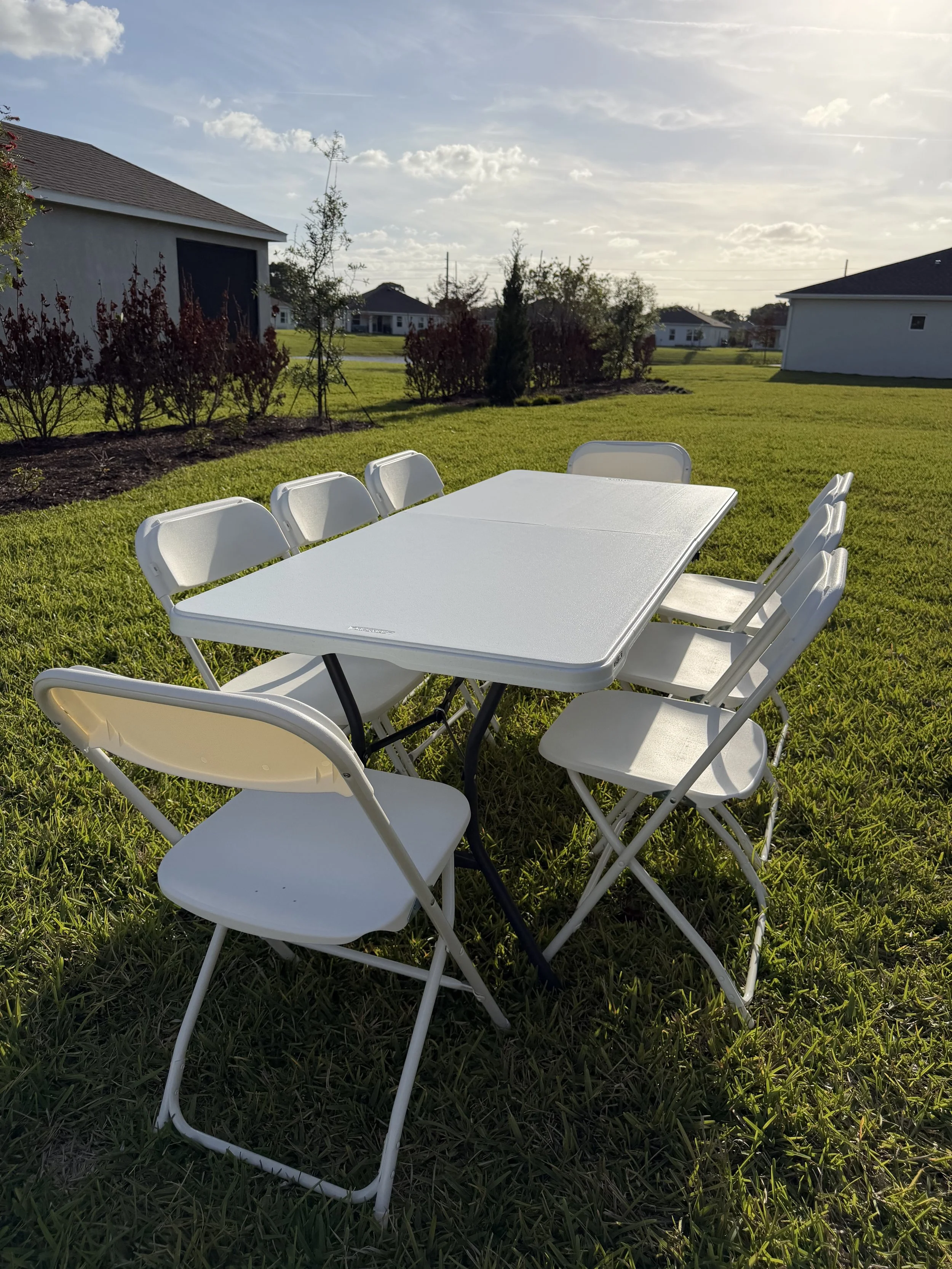 6ft white folding table rental — seats 6 to 8 guests, great for parties, buffets and food stations, Saltwater Event Co. Vero Beach FL