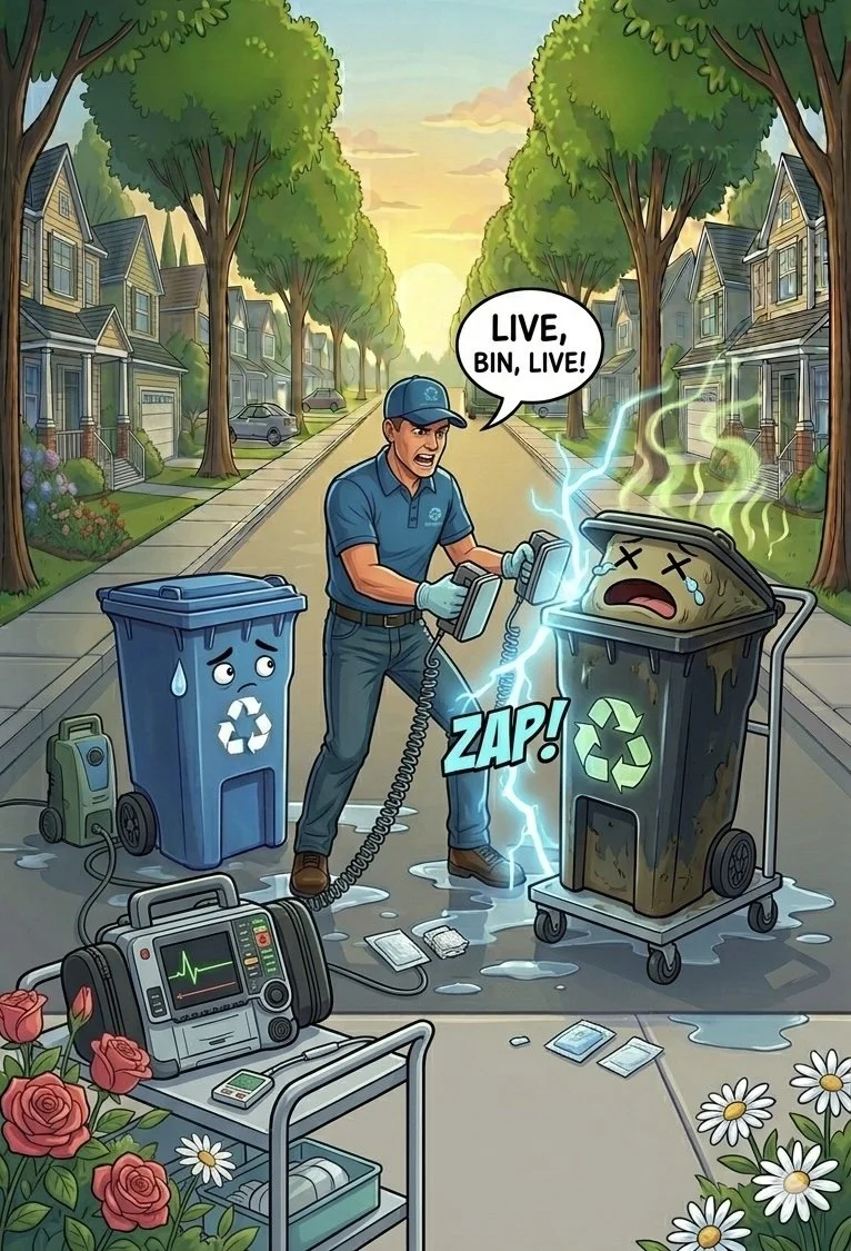 A cartoon of a waste management worker trying to revive a dying trash can with a cartoon face using electronic equipment, while an emergency monitor shows a heart rate. The scene is on a suburban street with houses, trees, and flowers, during sunset.