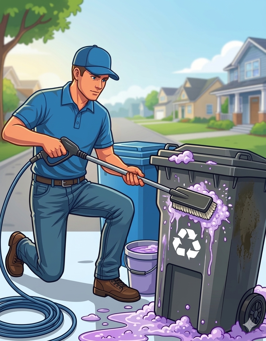 A man wearing a blue cap and shirt is cleaning a trash bin with soapy water, kneeling on one knee on a suburban street.