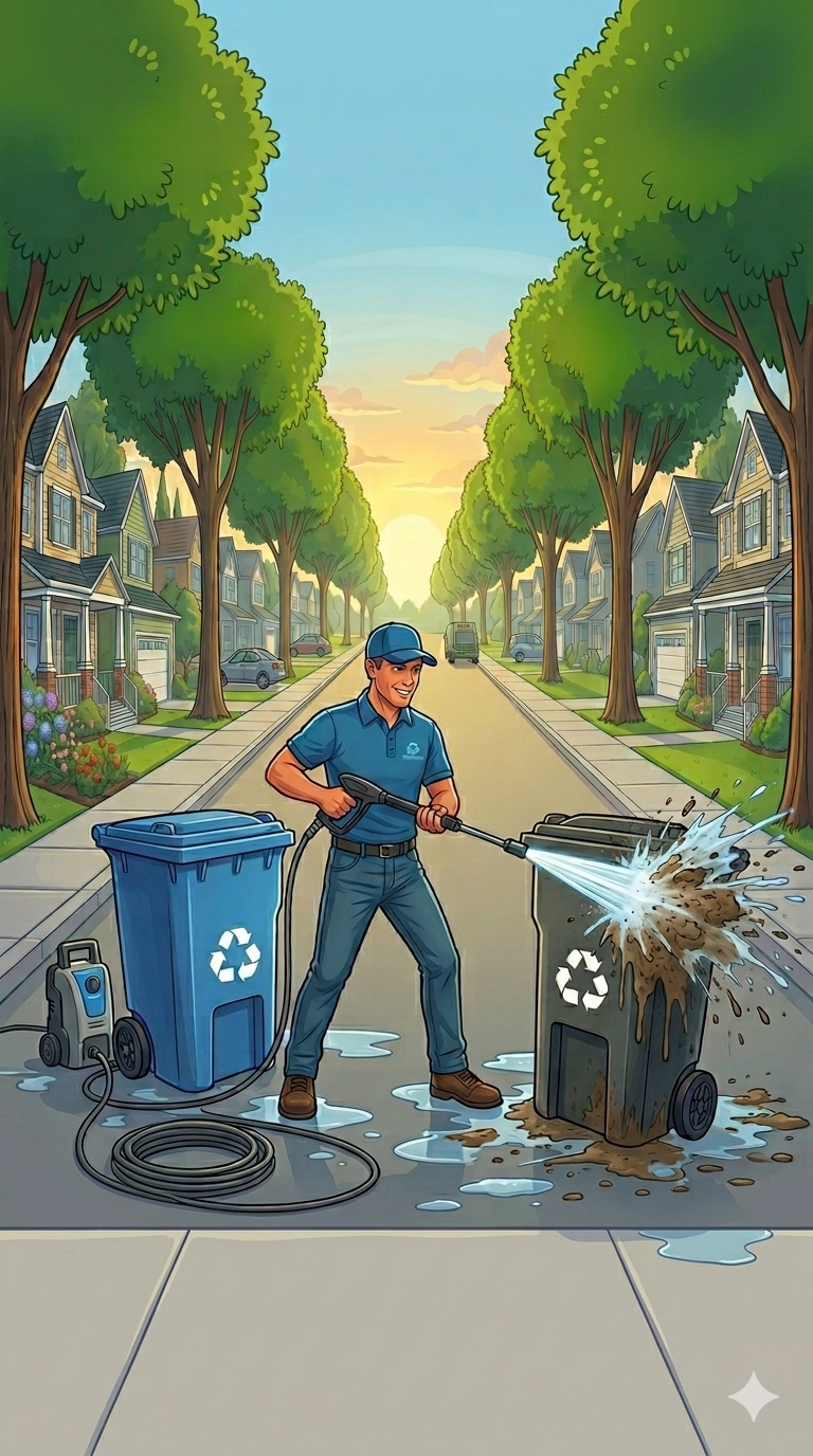 A man wearing a blue uniform cleaning a trash can with a high-pressure water hose on a suburban street during sunset, with trees and houses in the background.