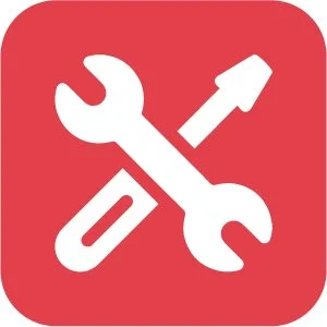 Red icon of a screwdriver and wrench crossed over each other