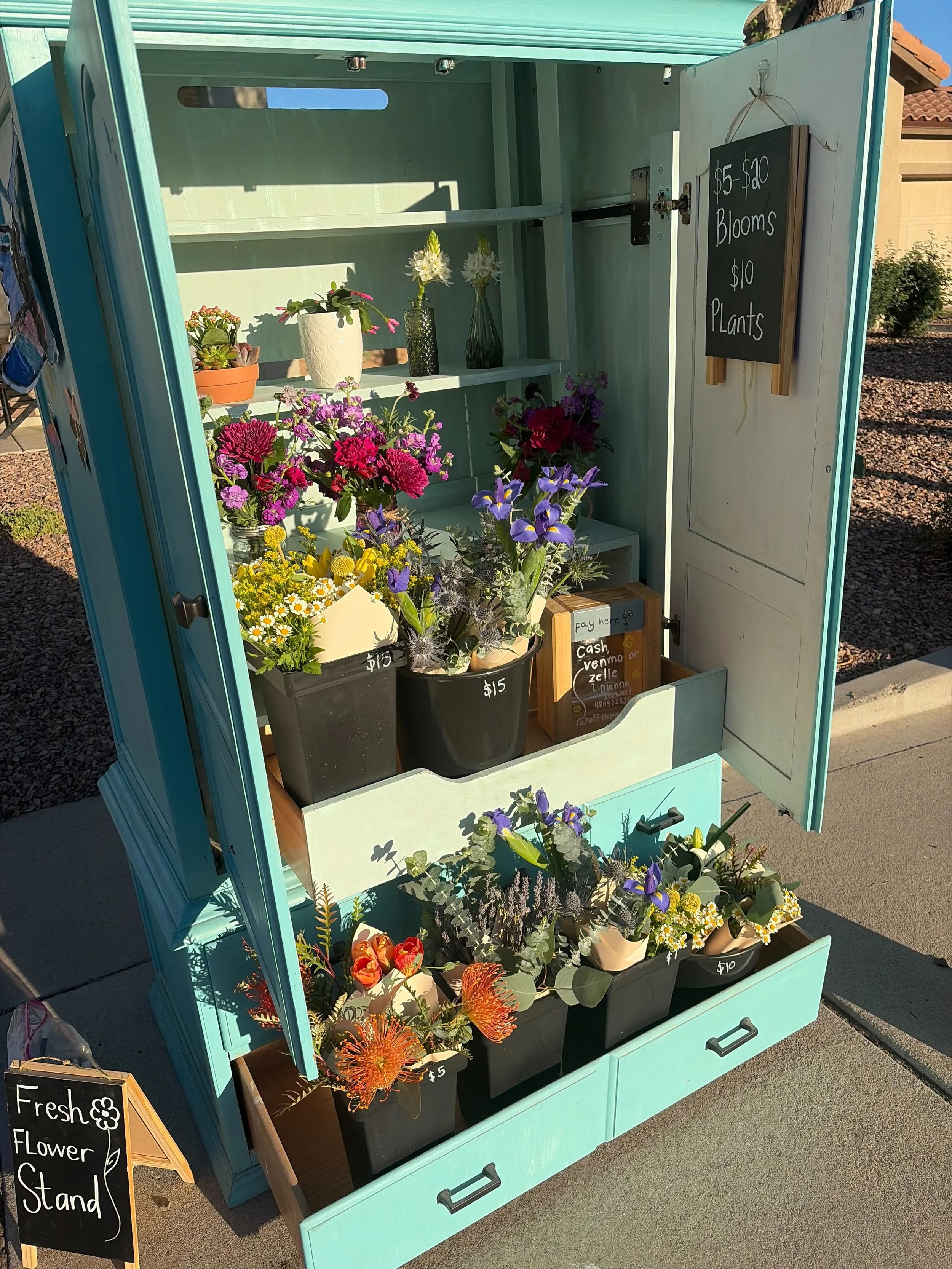 A light blue vintage flower stand with two shelves filled with various colorful flowers, some in pots and some in arrangements. Signs indicate prices and what is being sold, with one sign reading '$5-$10 Blooms $10 Plants'. A small blackboard on the side lists 'Fresh Flower Stand'.