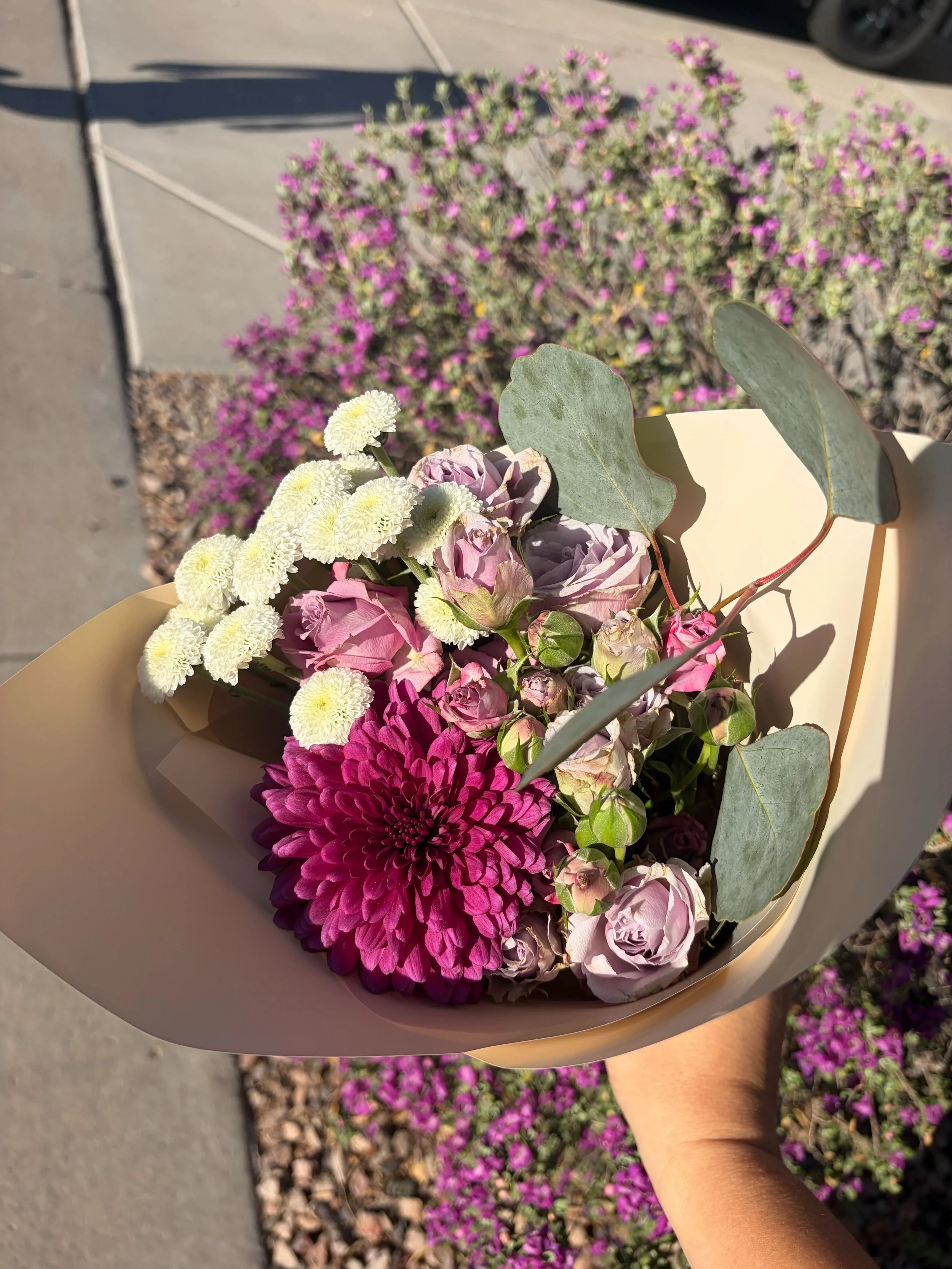 A bouquet of pink, white, and purple flowers with green eucalyptus leaves held by a hand outdoors, with pink flowering bushes and a sidewalk in the background.