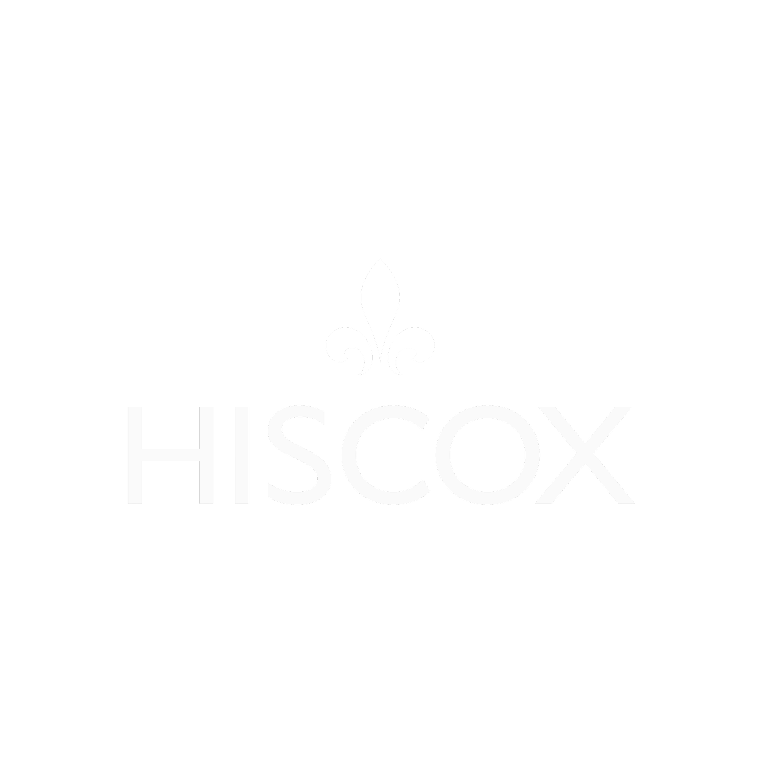 Black background with white text and small floral design above the word 'HISCOX'.