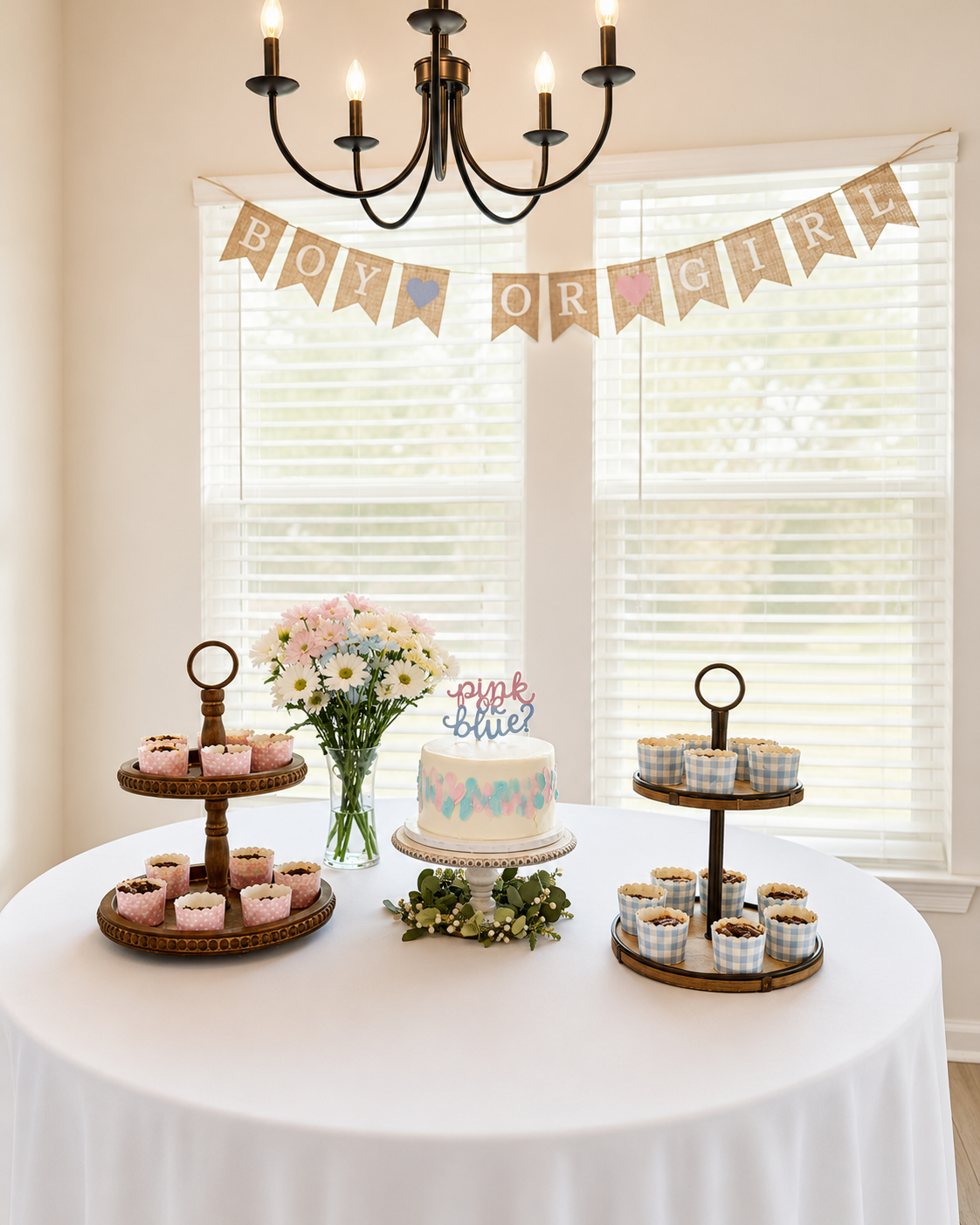 Decorated table with flowers and cupcakes at a baby shower, with a banner reading 'Boy or Girl.'