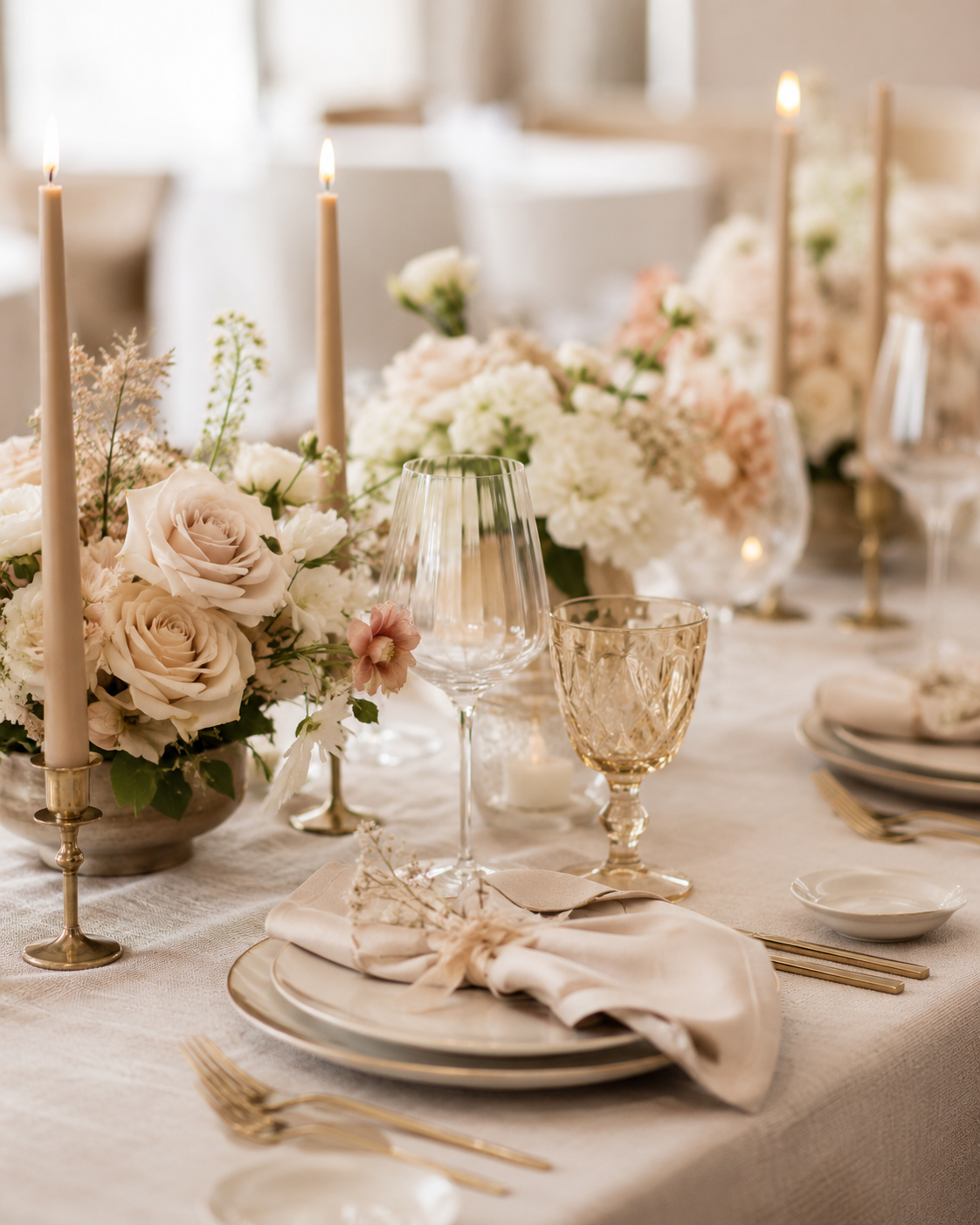 Elegant table setting with floral centerpiece, candles, wine and water glasses, gold flatware, and beige napkin on a white tablecloth at a formal event.