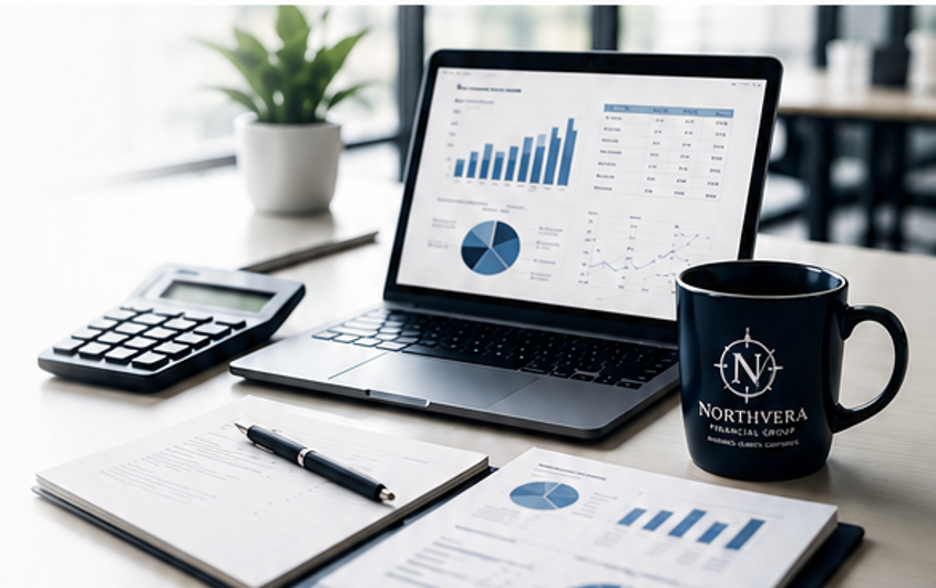 Work desk with a laptop displaying financial charts, a calculator, a pen, a notebook, documents with charts, a Northverca mug, and a potted plant in the background.
