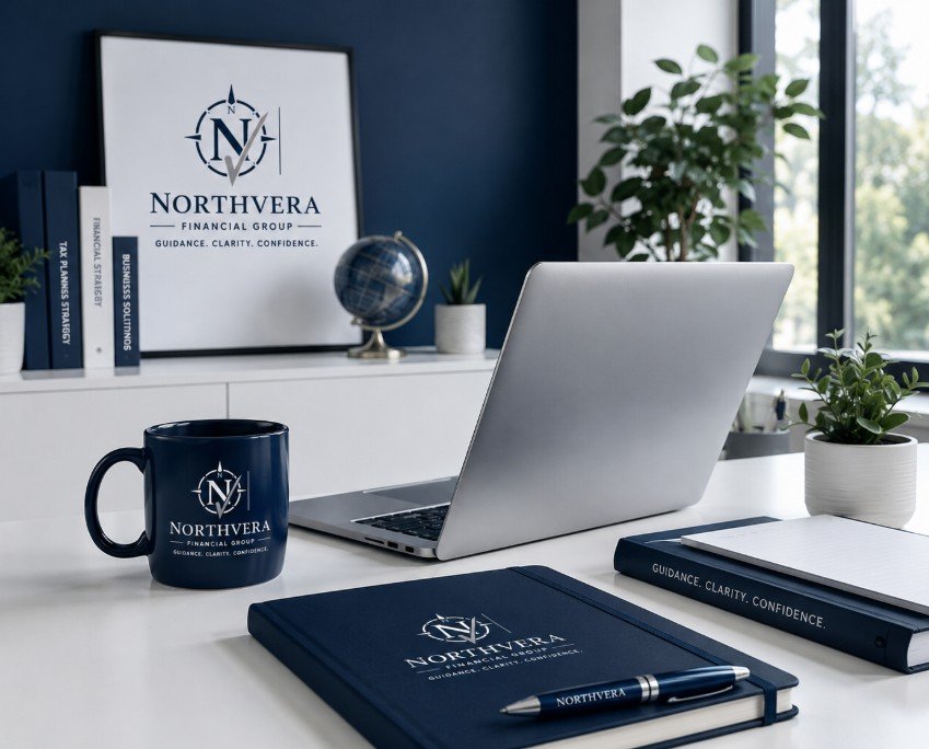 Office workspace with a silver laptop, a Northverra coffee mug, a navy blue notebook, a binded document, and potted plants on a white desk. A framed Northverra logo and a globe are on a white shelf against a dark blue wall.