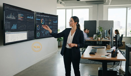 A business analyst presenting unified ad performance dashboards on wall mounted screens.