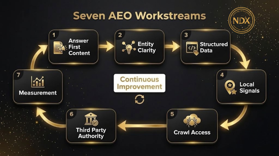 Cycle diagram of the seven AEO workstreams from answer first content to measurement