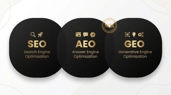 Three cards comparing SEO, AEO and GEO: search engine optimization, answer engine optimization and generative engine optimization