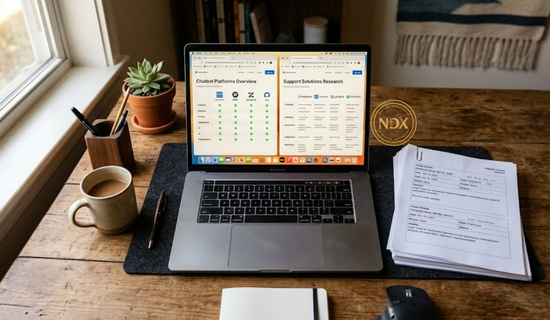A laptop comparing chatbot customer service platform options next to a stack of printed support tickets.