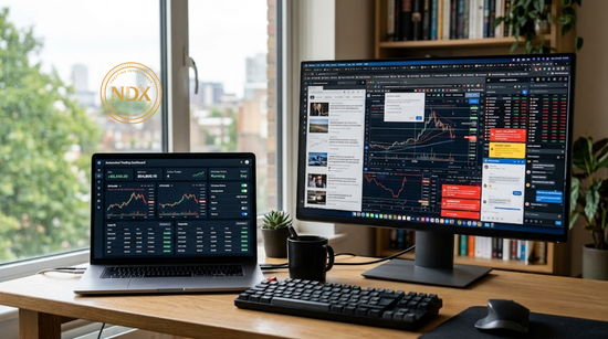 A best automated trading platform UK dashboard shown next to a cluttered desk with multiple browser tabs and missed alerts.