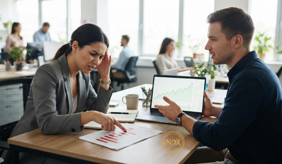 A team reviewing declining ad campaign results with visible frustration during a meeting.