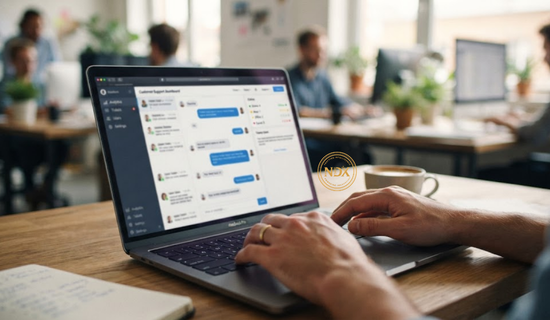 Support agent managing multi channel customer conversations from a unified dashboard