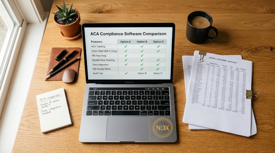 A laptop comparing ACA compliance software options next to printed payroll records.
