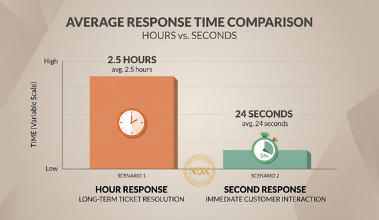 A bar chart comparing average response time under human only support versus chatbot assisted support.