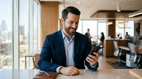 Business owner checking a phone in a modern office to monitor reviews and local signals for AEO