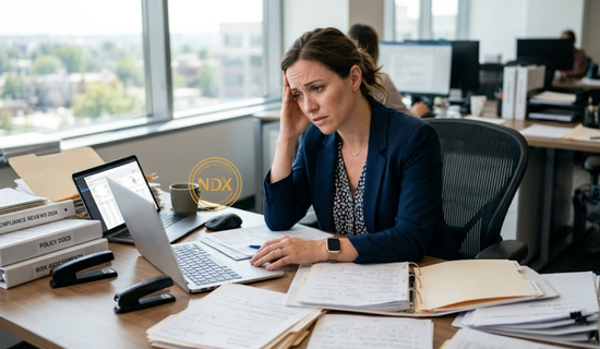 A compliance officer reviewing paper audit files next to compliance reporting software on a laptop.