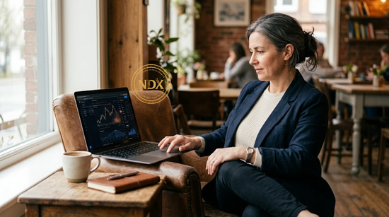 A business owner reviewing automated trading performance on a laptop while away from their desk.