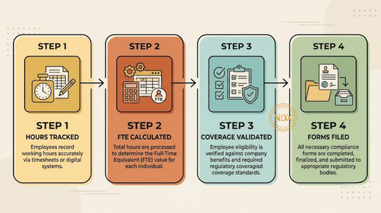 A flowchart showing how ACA compliance software moves from hours tracking to validated, accurate filings.