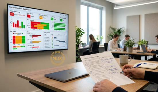 A real time compliance risk dashboard shown next to a printed audit checklist with handwritten notes.