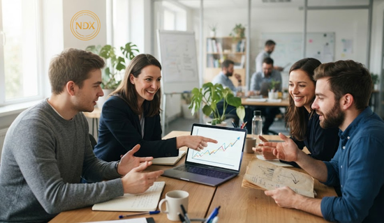 A growing business team discussing improved ad performance around a laptop.