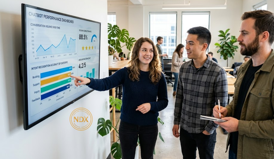 A team reviewing chatbot conversation analytics and intent recognition accuracy together.