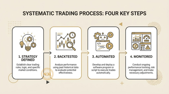 A flowchart showing how a trading strategy moves from definition to backtesting to automated execution and monitoring.