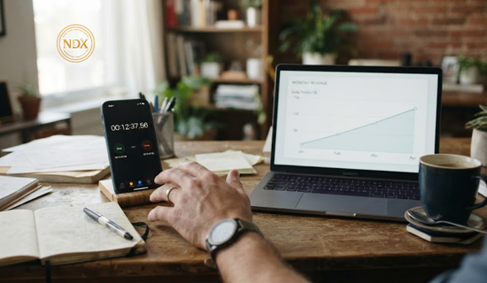 A hand reaching for a phone timer next to a laptop showing a steadily rising revenue graph.