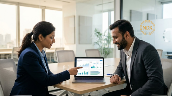 Two colleagues reviewing an analytics dashboard on a laptop in a meeting room as part of an AEO strategy review