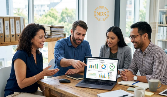 A growing compliance team reviewing an automated dashboard together instead of printed audit binders.