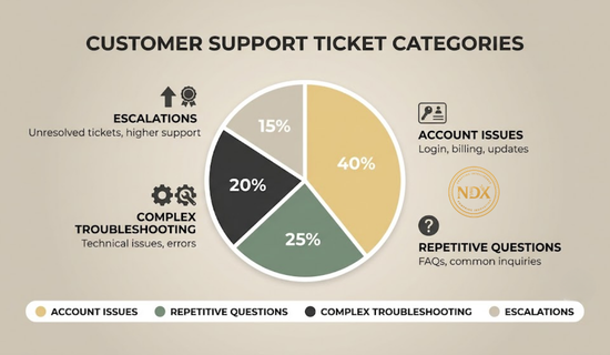 A pie chart breaking down the types of questions a typical support team handles.