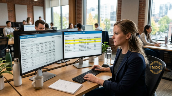 An HR professional reviewing synced payroll and benefits data across two systems.