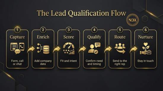 Flow diagram of the lead qualification process from capture and enrichment to scoring, qualification, routing and nurture