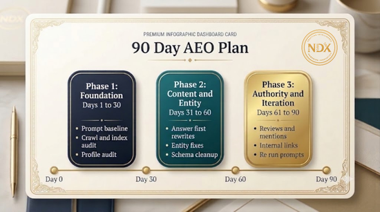 Timeline of a 90 day AEO plan showing foundation, content and entity work, and authority building with measurement