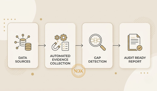 A flowchart showing how compliance data moves from collection to gap detection to an audit ready report.