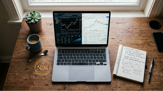 A laptop comparing automated trading platform options next to handwritten strategy notes.