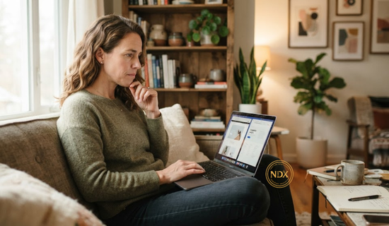 A business owner reviewing ad campaign data on a laptop from a home office.