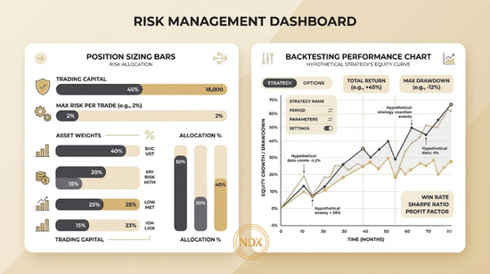 A risk management dashboard showing position sizing and exposure limits next to a backtesting chart.