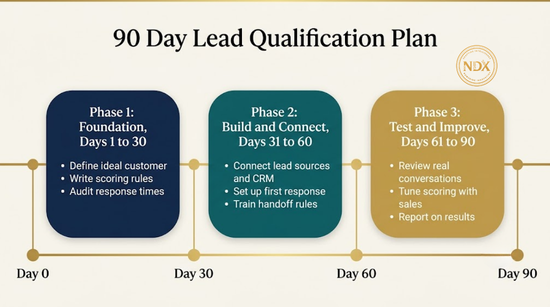 Timeline of a 90 day lead qualification plan covering foundation, build and connect, and test and improve phases