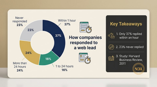 Donut chart showing 37 percent of companies responded to a web lead within an hour, 16 percent within 24 hours, 24 percent later and 23 percent never