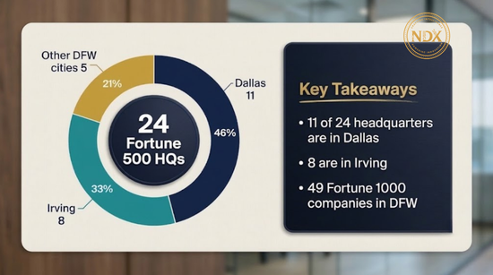 Donut chart showing Dallas has 11 of the 24 Fortune 500 headquarters in Dallas Fort Worth, Irving has 8 and other cities have 5