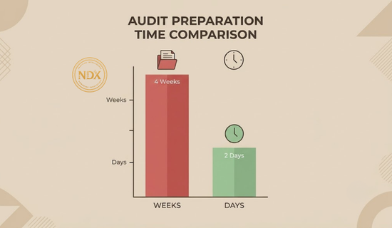 A bar chart comparing audit preparation time under manual tracking versus automated compliance reporting.