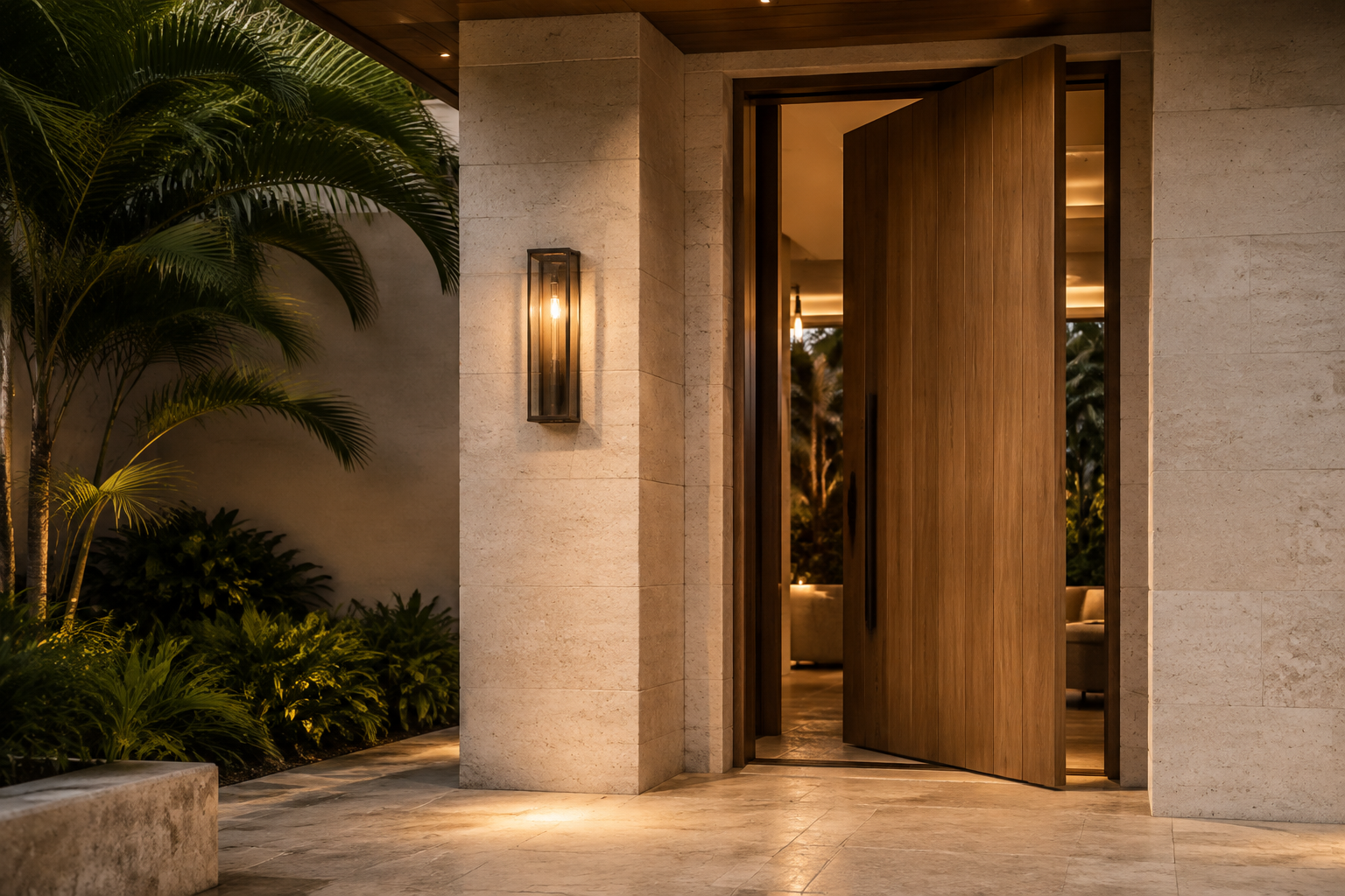 Open wooden door leading into a warmly lit modern interior, with a stone wall and lush greenery outside, illuminated by a stylish wall-mounted light fixture.