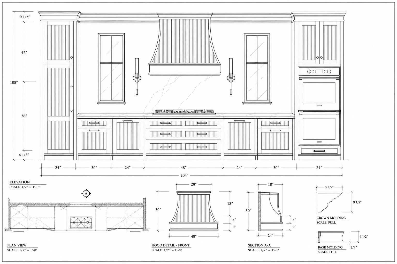 Detailed kitchen cabinet and hood design blueprint, showing dimensions and elevations.