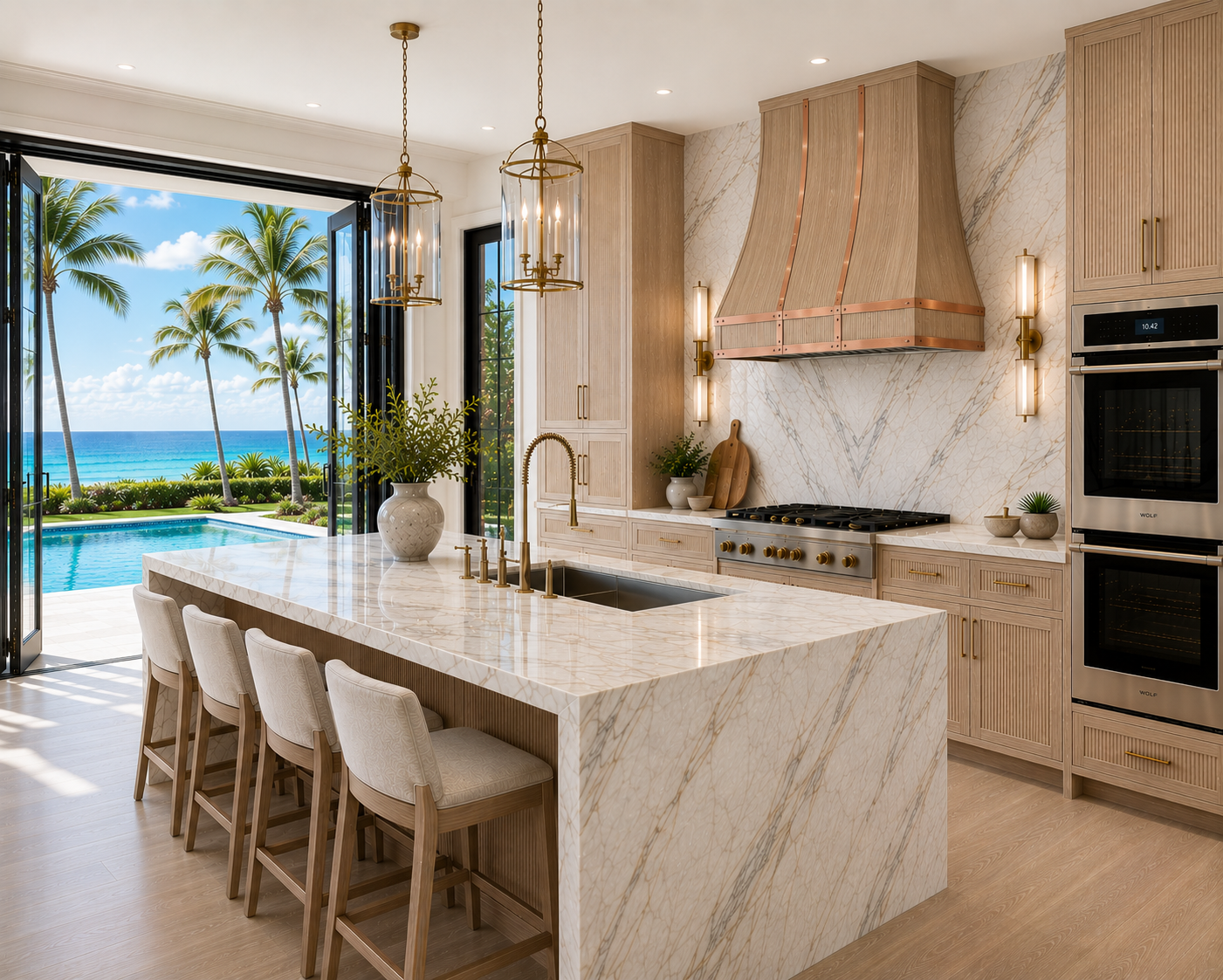 Modern kitchen with a large marble island, open to a view of a pool, beach, and palm trees outside